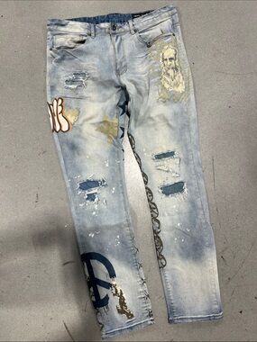 Smoke Rise Men's Light Wash Distressed Graphic Jeans - Blue 36x34